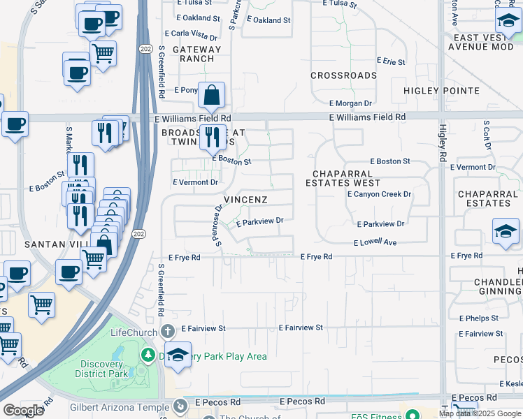 map of restaurants, bars, coffee shops, grocery stores, and more near 2692 East Parkview Drive in Gilbert