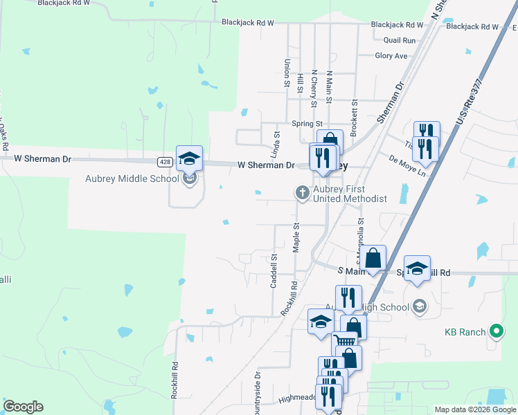 map of restaurants, bars, coffee shops, grocery stores, and more near 5408 U.S. 377 in Aubrey