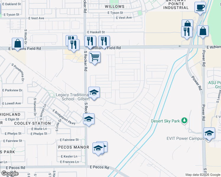 map of restaurants, bars, coffee shops, grocery stores, and more near 4157 East Bernice Street in Gilbert