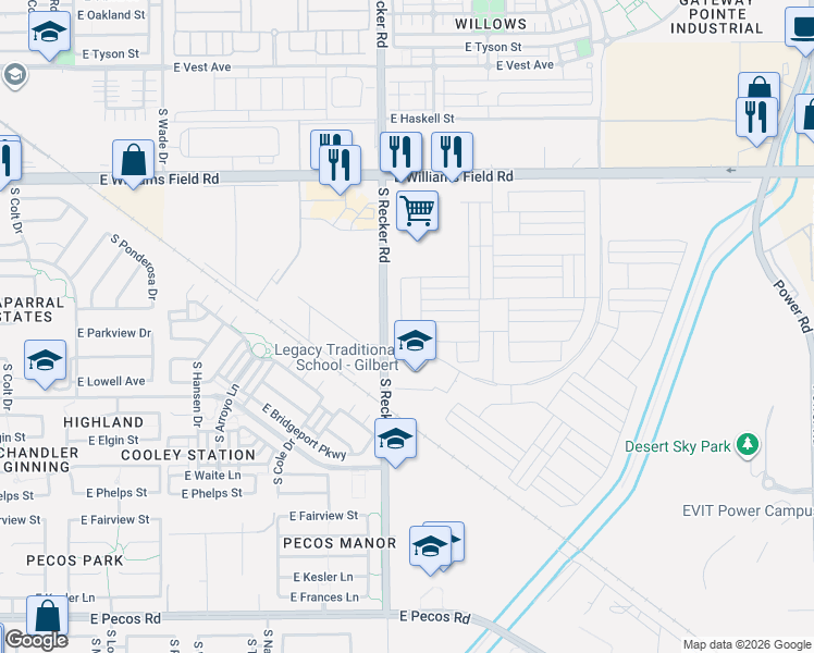 map of restaurants, bars, coffee shops, grocery stores, and more near 4041 East Jesse Street in Gilbert