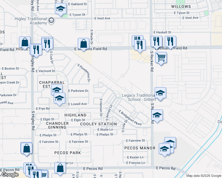 map of restaurants, bars, coffee shops, grocery stores, and more near 2707 South Cupertino Drive in Gilbert