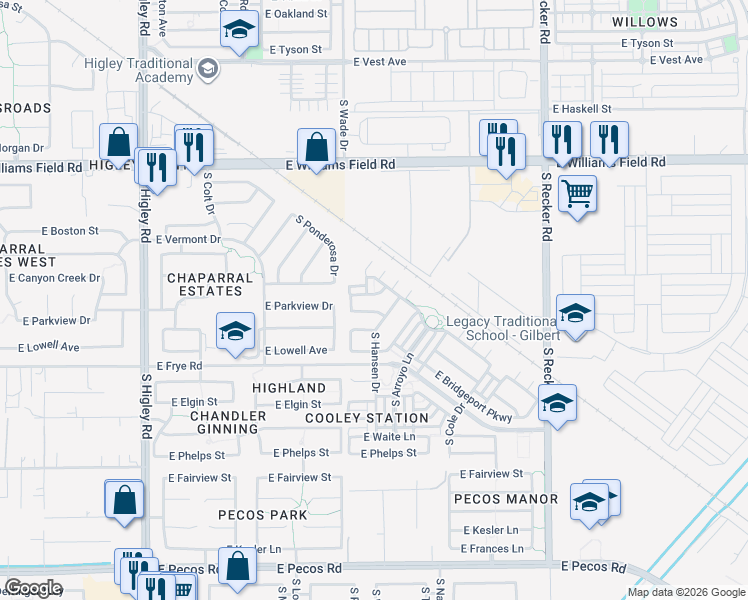 map of restaurants, bars, coffee shops, grocery stores, and more near 3675 East Parkview Drive in Gilbert