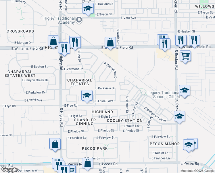 map of restaurants, bars, coffee shops, grocery stores, and more near 3515 East Parkview Drive in Gilbert