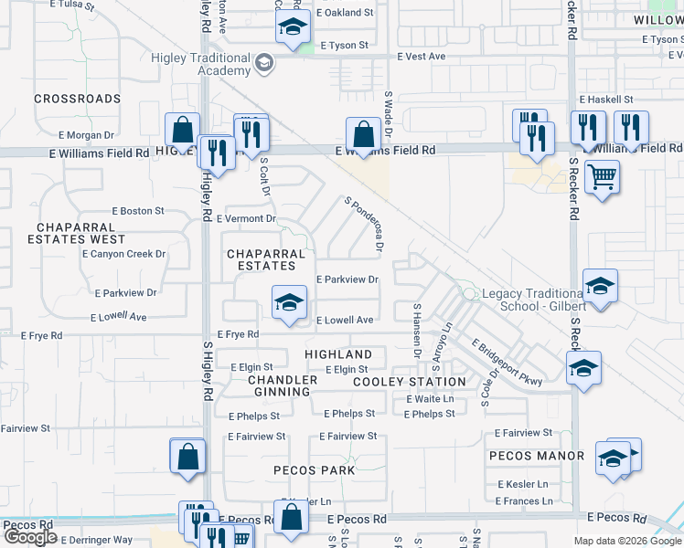 map of restaurants, bars, coffee shops, grocery stores, and more near 3515 East Parkview Drive in Gilbert