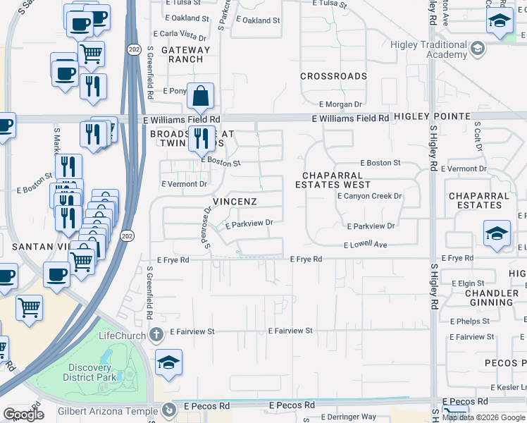 map of restaurants, bars, coffee shops, grocery stores, and more near 2692 East Parkview Drive in Gilbert