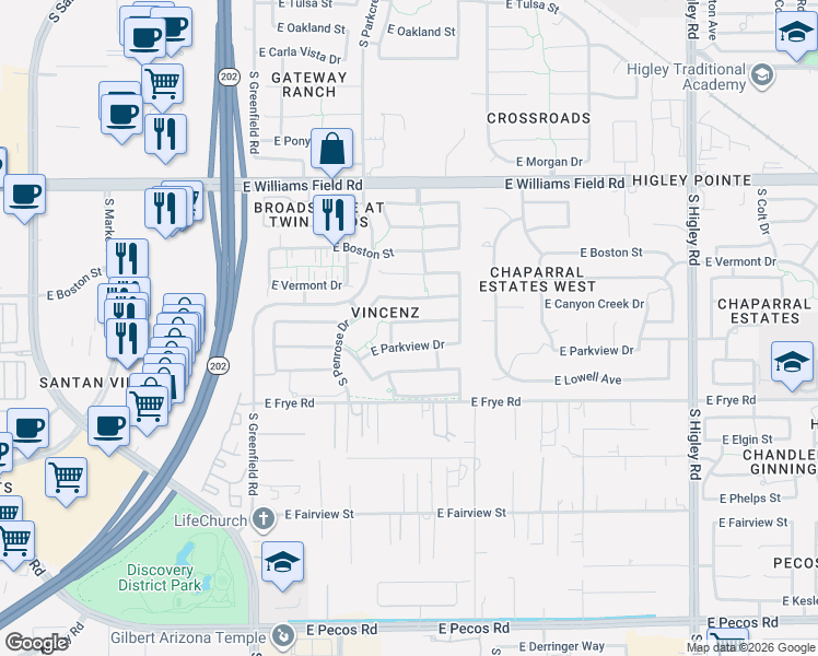 map of restaurants, bars, coffee shops, grocery stores, and more near 2692 East Parkview Drive in Gilbert