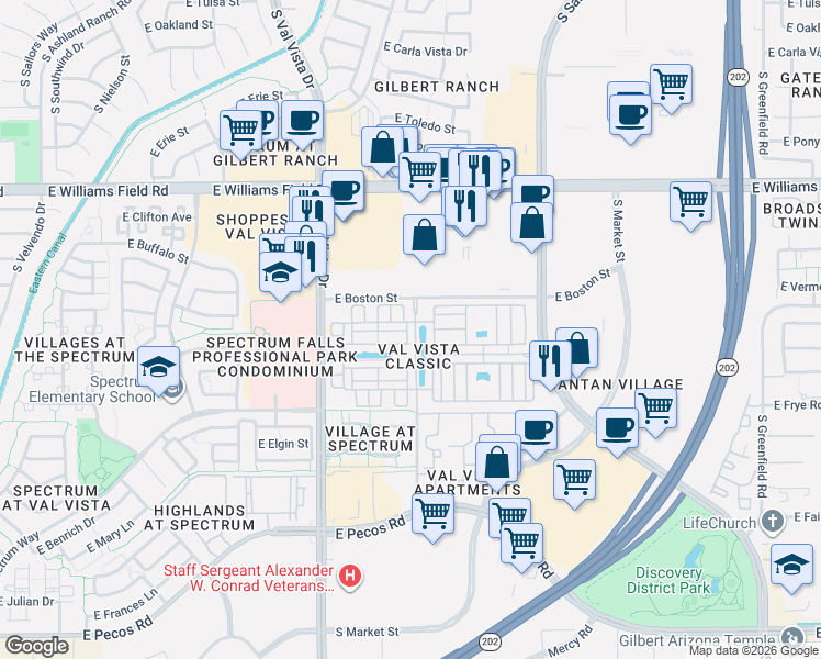 map of restaurants, bars, coffee shops, grocery stores, and more near 2670 South Voyager Drive in Gilbert