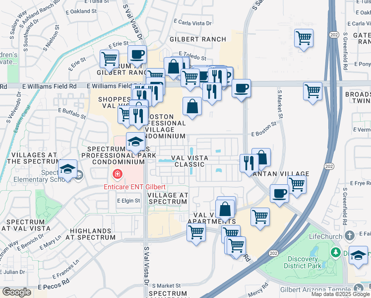 map of restaurants, bars, coffee shops, grocery stores, and more near 2670 South Voyager Drive in Gilbert