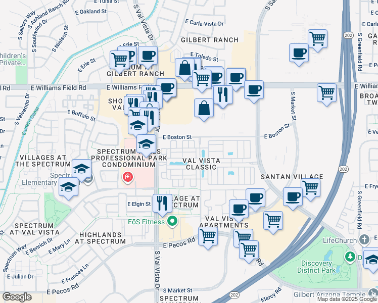 map of restaurants, bars, coffee shops, grocery stores, and more near 1723 East Hampton Lane in Gilbert