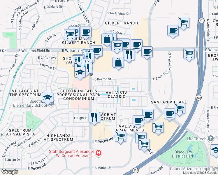 map of restaurants, bars, coffee shops, grocery stores, and more near 1723 East Hampton Lane in Gilbert