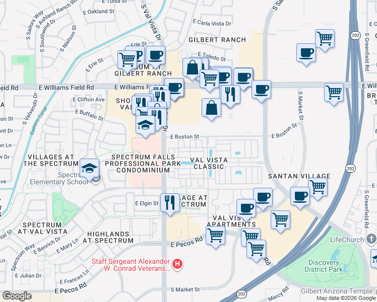 map of restaurants, bars, coffee shops, grocery stores, and more near 1723 East Hampton Lane in Gilbert