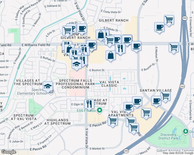 map of restaurants, bars, coffee shops, grocery stores, and more near 1651 East Hampton Lane in Gilbert