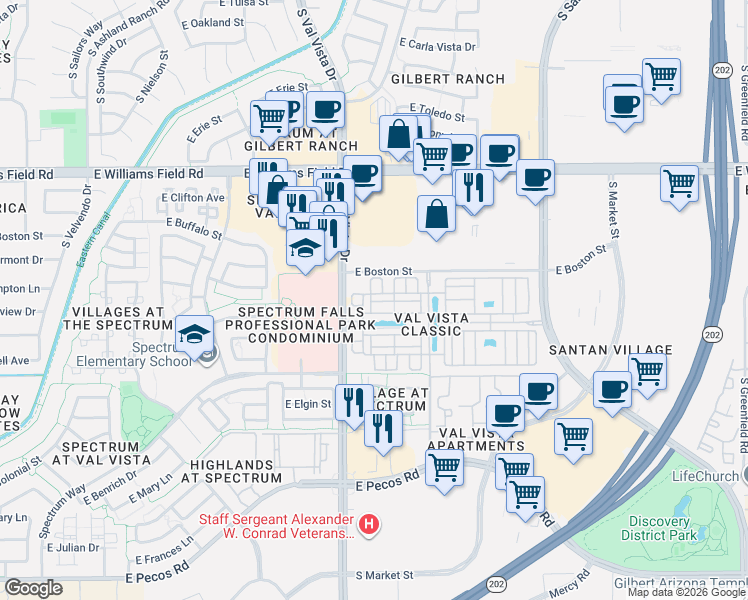 map of restaurants, bars, coffee shops, grocery stores, and more near 1651 East Hampton Lane in Gilbert