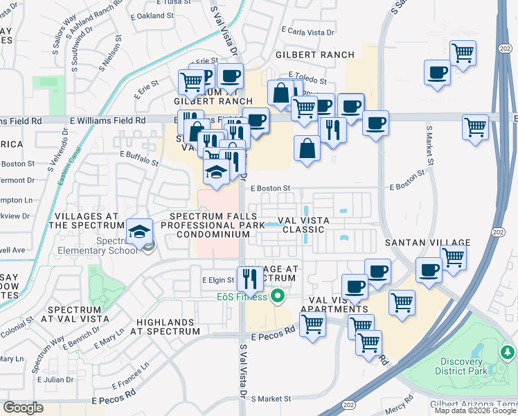 map of restaurants, bars, coffee shops, grocery stores, and more near 1651 East Hampton Lane in Gilbert