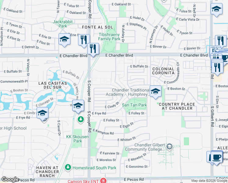 map of restaurants, bars, coffee shops, grocery stores, and more near 2109 East Butler Street in Chandler
