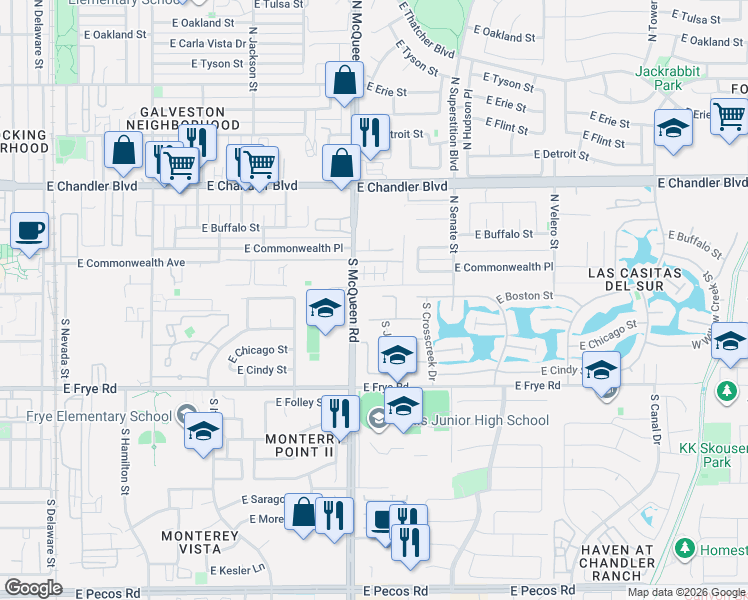 map of restaurants, bars, coffee shops, grocery stores, and more near 1060 East Jupiter Place in Chandler