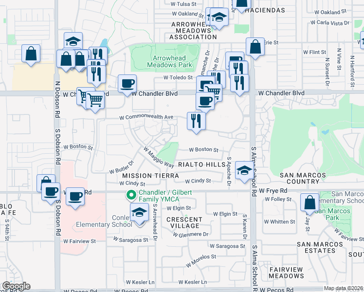 map of restaurants, bars, coffee shops, grocery stores, and more near 151 South Sean Drive in Chandler