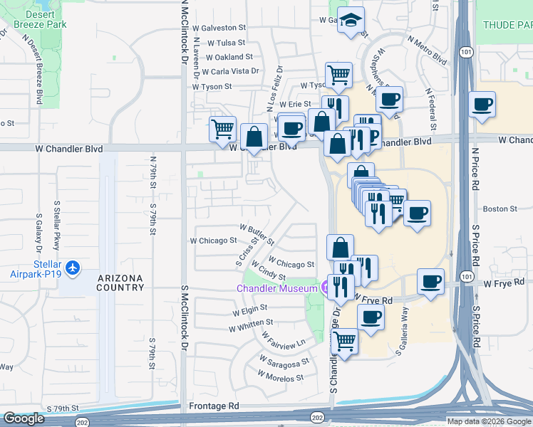 map of restaurants, bars, coffee shops, grocery stores, and more near 169 South Criss Street in Chandler