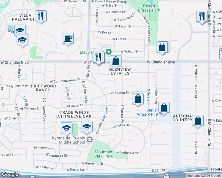 map of restaurants, bars, coffee shops, grocery stores, and more near 4831 West Boston Street in Chandler