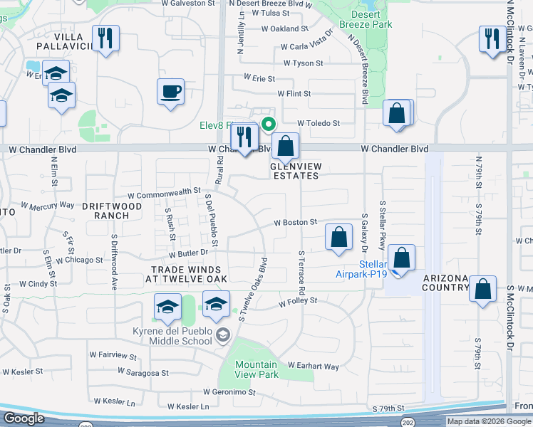 map of restaurants, bars, coffee shops, grocery stores, and more near 4831 West Boston Street in Chandler