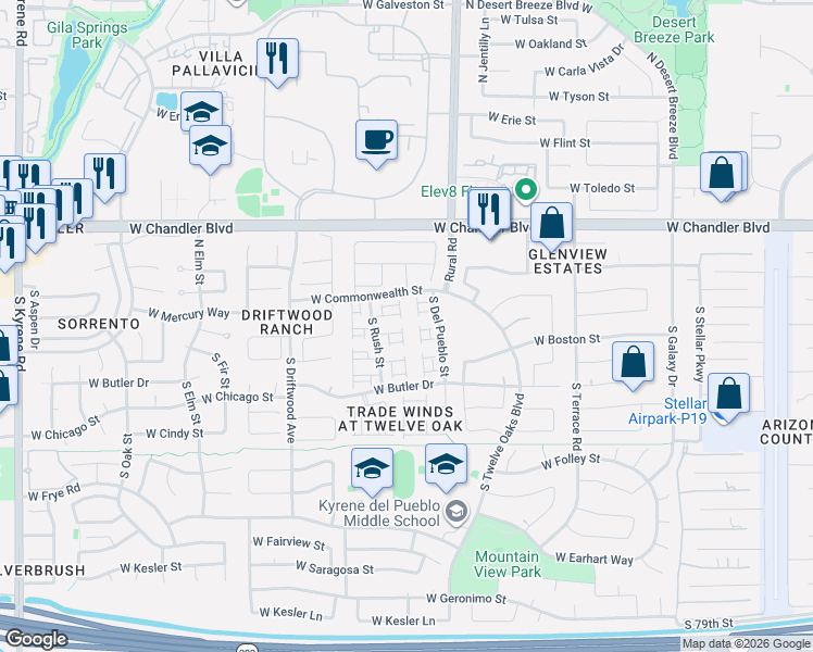 map of restaurants, bars, coffee shops, grocery stores, and more near 5067 West Boston Way South in Chandler