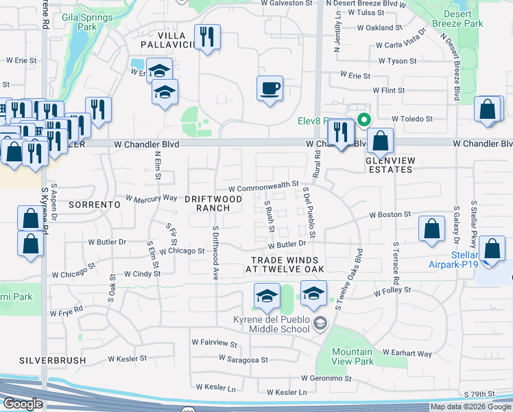 map of restaurants, bars, coffee shops, grocery stores, and more near 71 South Forest Drive in Chandler