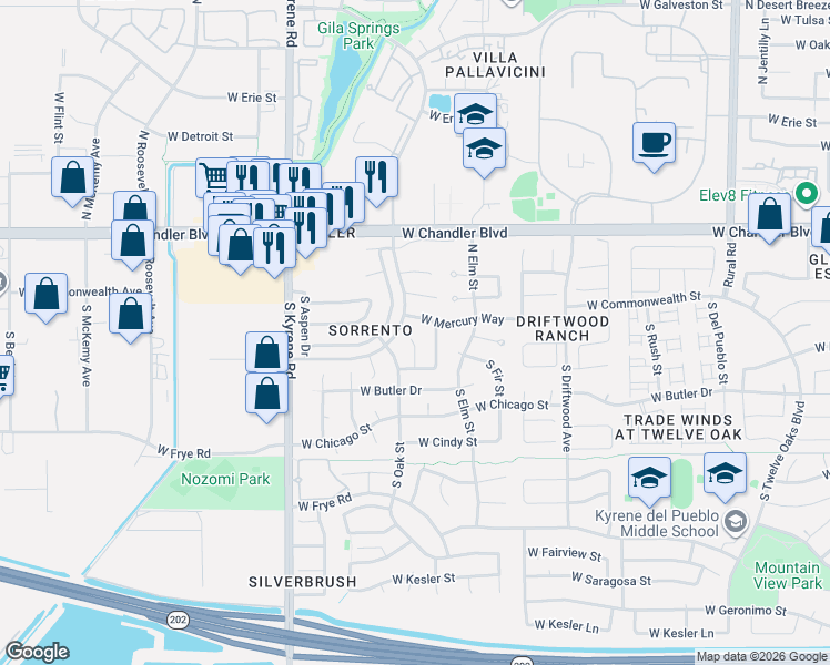map of restaurants, bars, coffee shops, grocery stores, and more near 97 South Cypress Court in Chandler