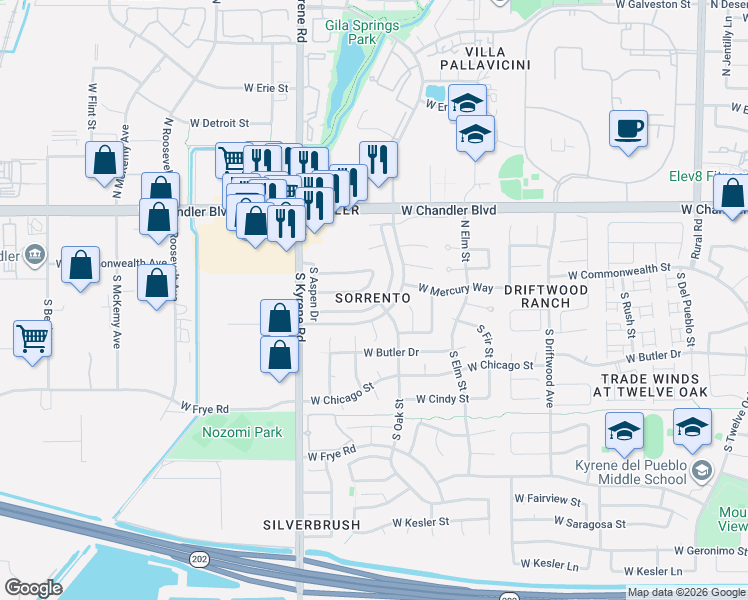 map of restaurants, bars, coffee shops, grocery stores, and more near 74 South Oak Street in Chandler