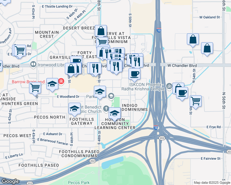 map of restaurants, bars, coffee shops, grocery stores, and more near 15801 South 48th Street in Phoenix