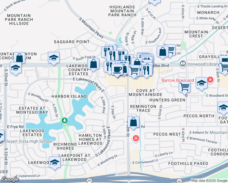 map of restaurants, bars, coffee shops, grocery stores, and more near 3830 South Lakewood Parkway East in Phoenix