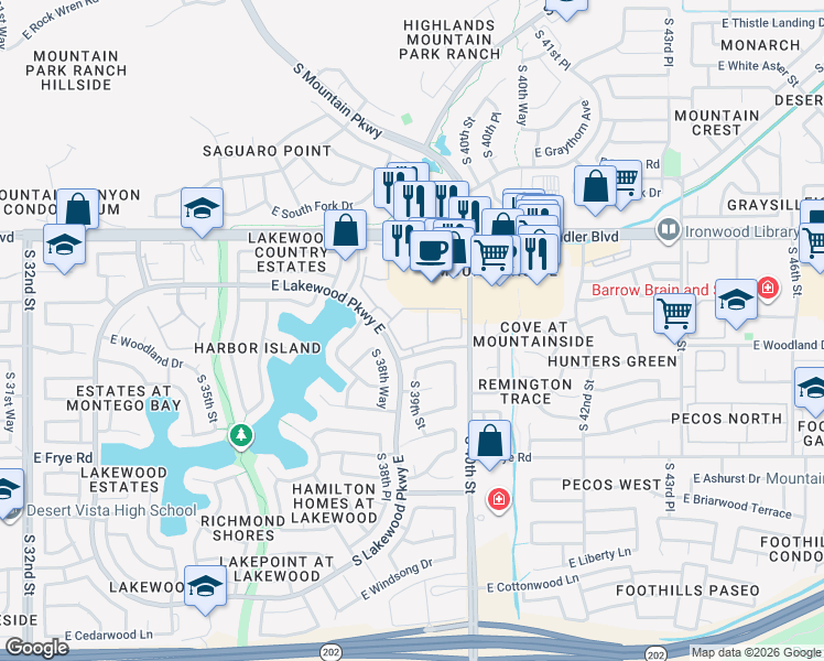 map of restaurants, bars, coffee shops, grocery stores, and more near 3830 South Lakewood Parkway East in Phoenix