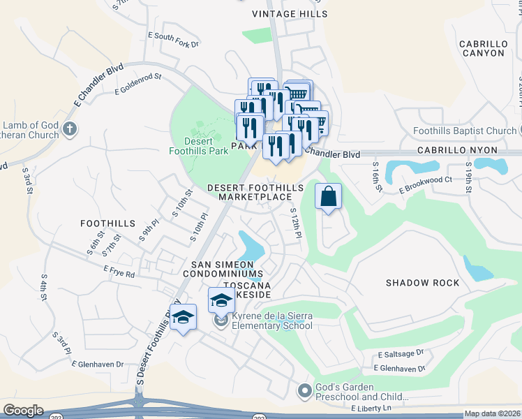 map of restaurants, bars, coffee shops, grocery stores, and more near 1132 East Hiddenview Drive in Phoenix