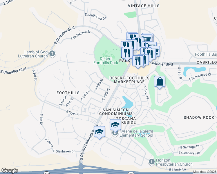 map of restaurants, bars, coffee shops, grocery stores, and more near 15851 South 10th Place in Phoenix