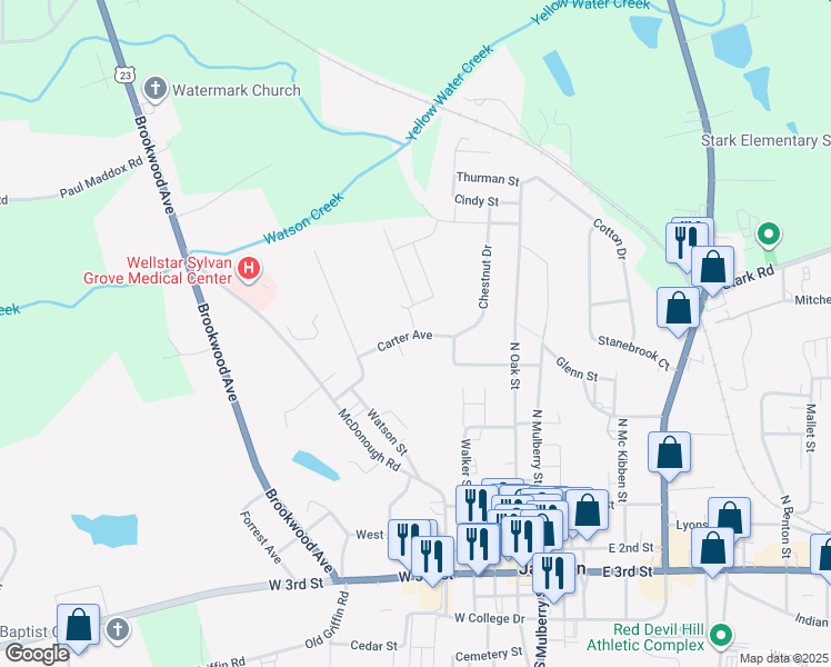 map of restaurants, bars, coffee shops, grocery stores, and more near 101 Adams Drive in Jackson