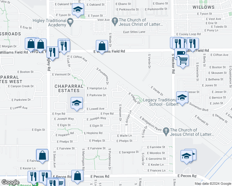 map of restaurants, bars, coffee shops, grocery stores, and more near 3637 East Hyatt Lane in Gilbert