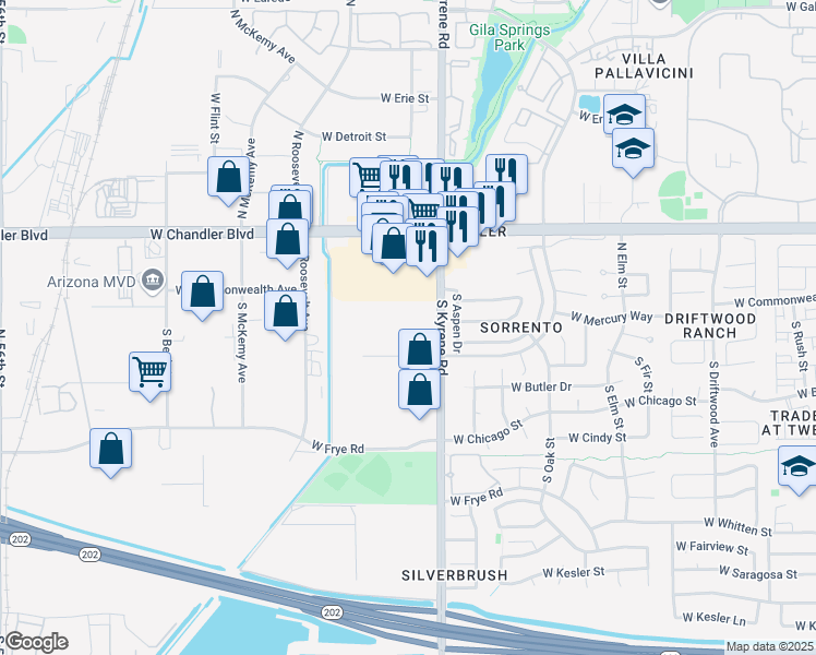 map of restaurants, bars, coffee shops, grocery stores, and more near 124 West Gila Springs Place in Chandler