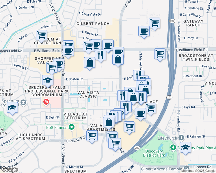 map of restaurants, bars, coffee shops, grocery stores, and more near 1917 East Hampton Lane in Gilbert