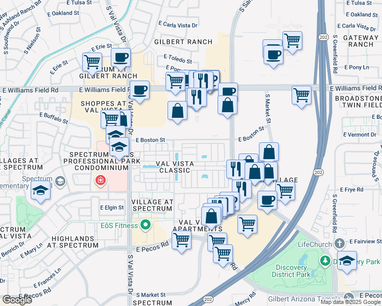 map of restaurants, bars, coffee shops, grocery stores, and more near 1860 East Bridgeport Parkway in Gilbert