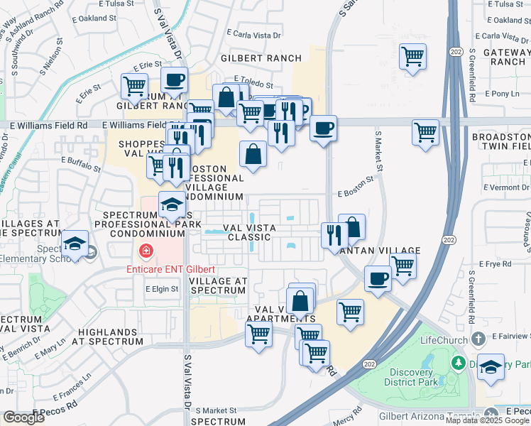 map of restaurants, bars, coffee shops, grocery stores, and more near 2670 South Voyager Drive in Gilbert