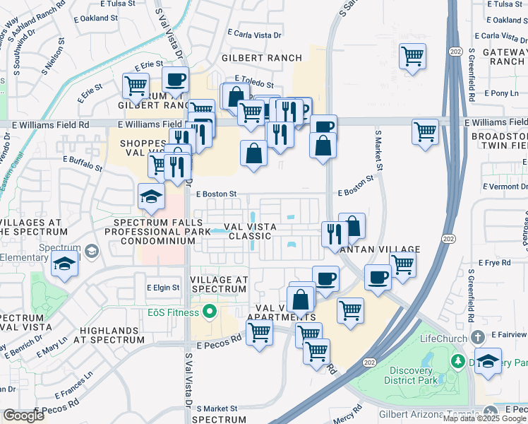 map of restaurants, bars, coffee shops, grocery stores, and more near 2670 South Voyager Drive in Gilbert