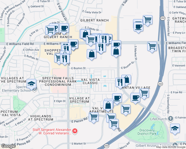 map of restaurants, bars, coffee shops, grocery stores, and more near 2670 South Voyager Drive in Gilbert