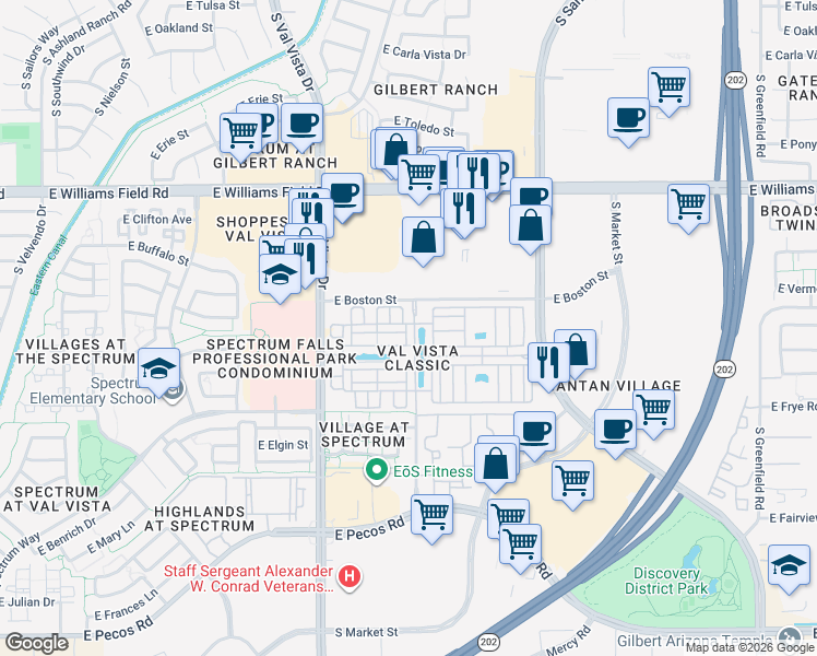 map of restaurants, bars, coffee shops, grocery stores, and more near 2670 South Voyager Drive in Gilbert