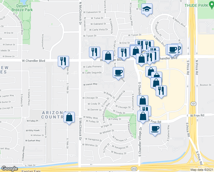 map of restaurants, bars, coffee shops, grocery stores, and more near 198 South Los Feliz Drive in Chandler
