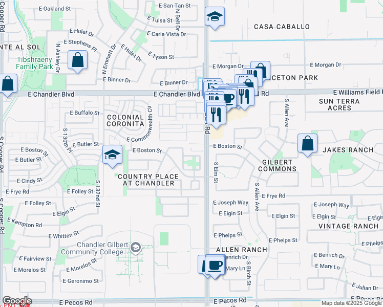 map of restaurants, bars, coffee shops, grocery stores, and more near 16030 South Spartan Street in Chandler