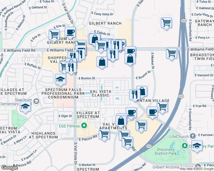 map of restaurants, bars, coffee shops, grocery stores, and more near 1822 East Chelsea Lane in Gilbert