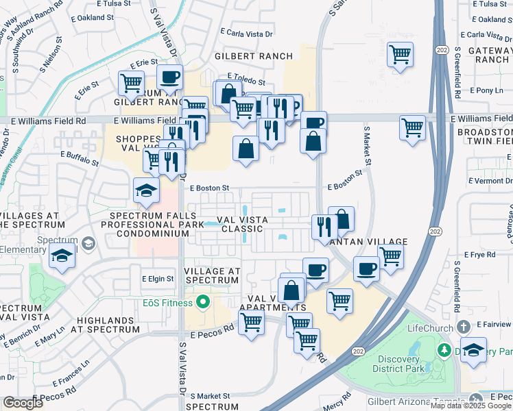 map of restaurants, bars, coffee shops, grocery stores, and more near 1822 East Chelsea Lane in Gilbert