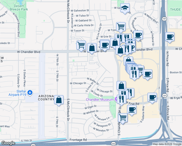 map of restaurants, bars, coffee shops, grocery stores, and more near 198 South Los Feliz Drive in Chandler