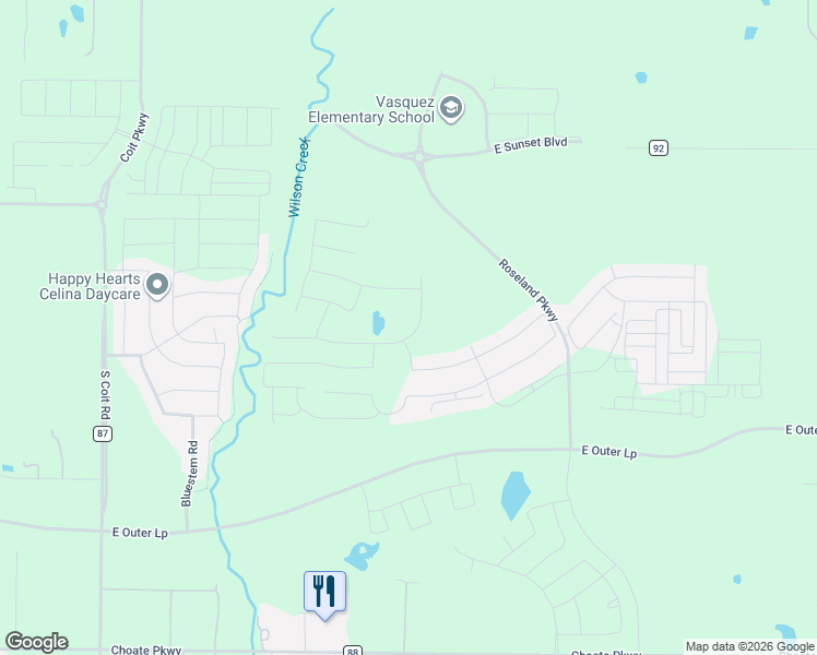 map of restaurants, bars, coffee shops, grocery stores, and more near 1609 Battersea Way in Celina