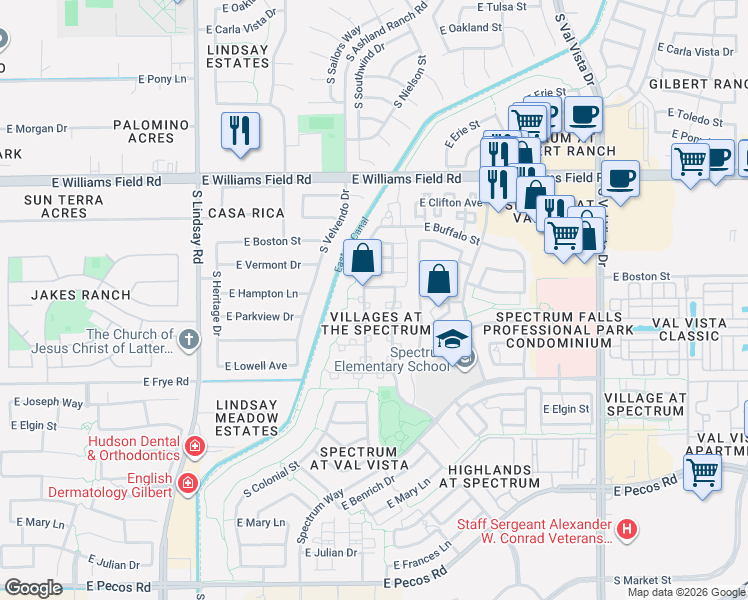 map of restaurants, bars, coffee shops, grocery stores, and more near 2645 South Southwind Drive in Gilbert