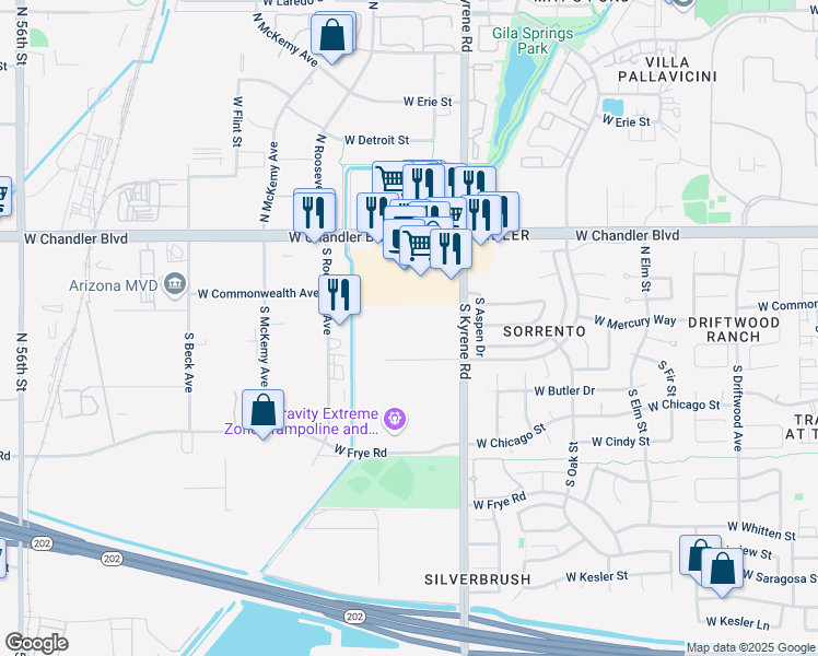 map of restaurants, bars, coffee shops, grocery stores, and more near 6100 West Gila Springs Place in Chandler